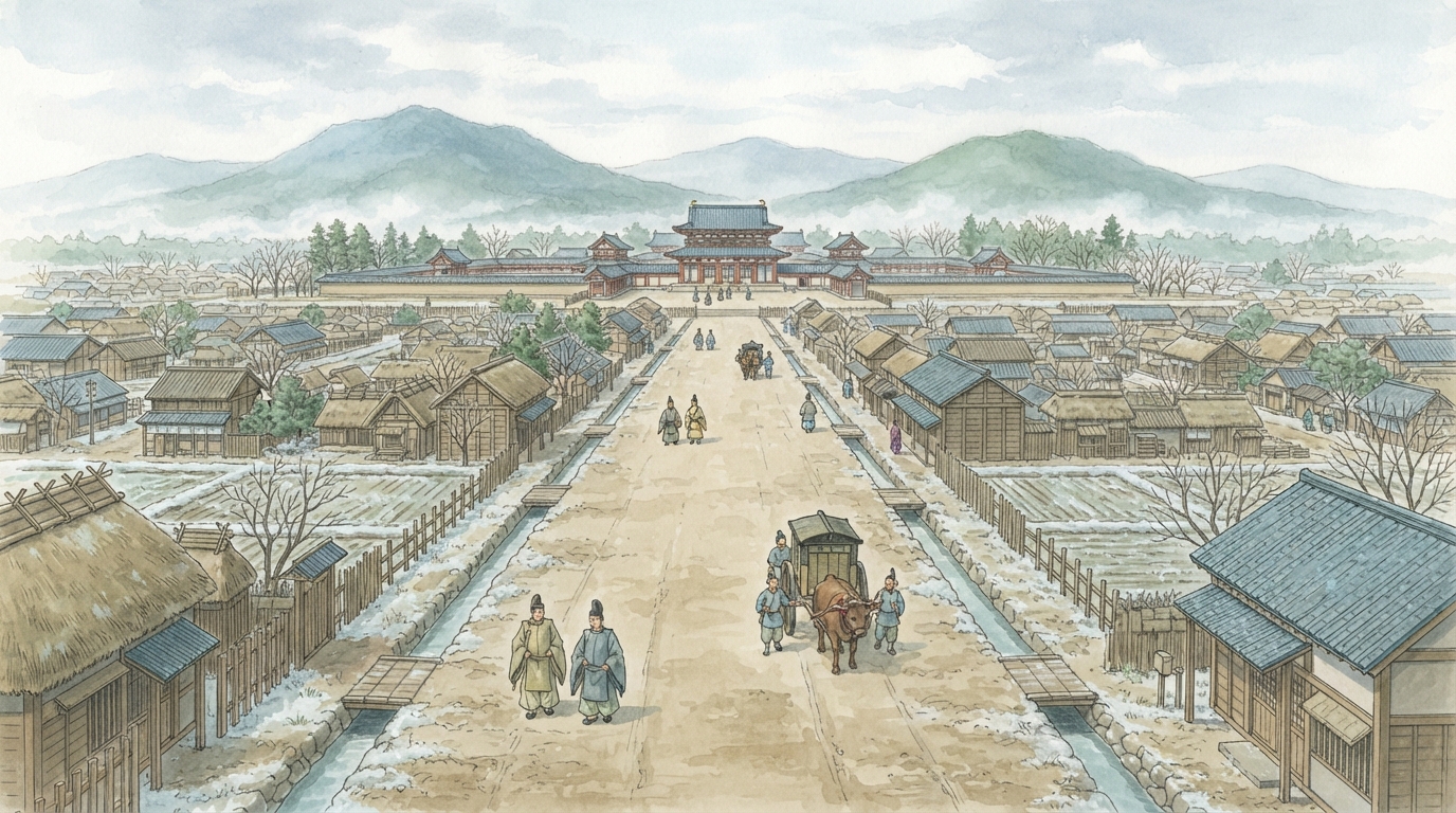藤原宮と条坊道路、大和三山の関係を示す復元概念図