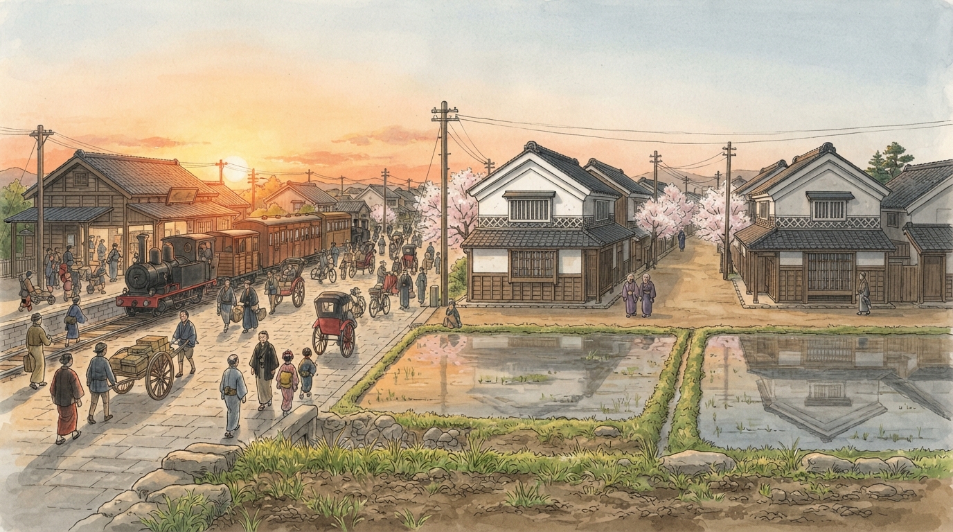 今井町の静かな町家通りと発展する大正期の駅前を左右対比した図