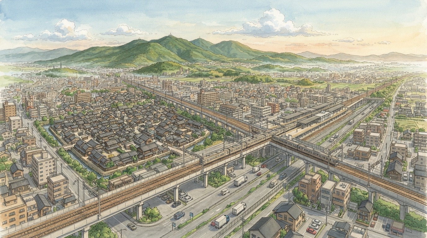 藤原京の大路、今井町の環濠、現代鉄道網を三層に重ねる概念図