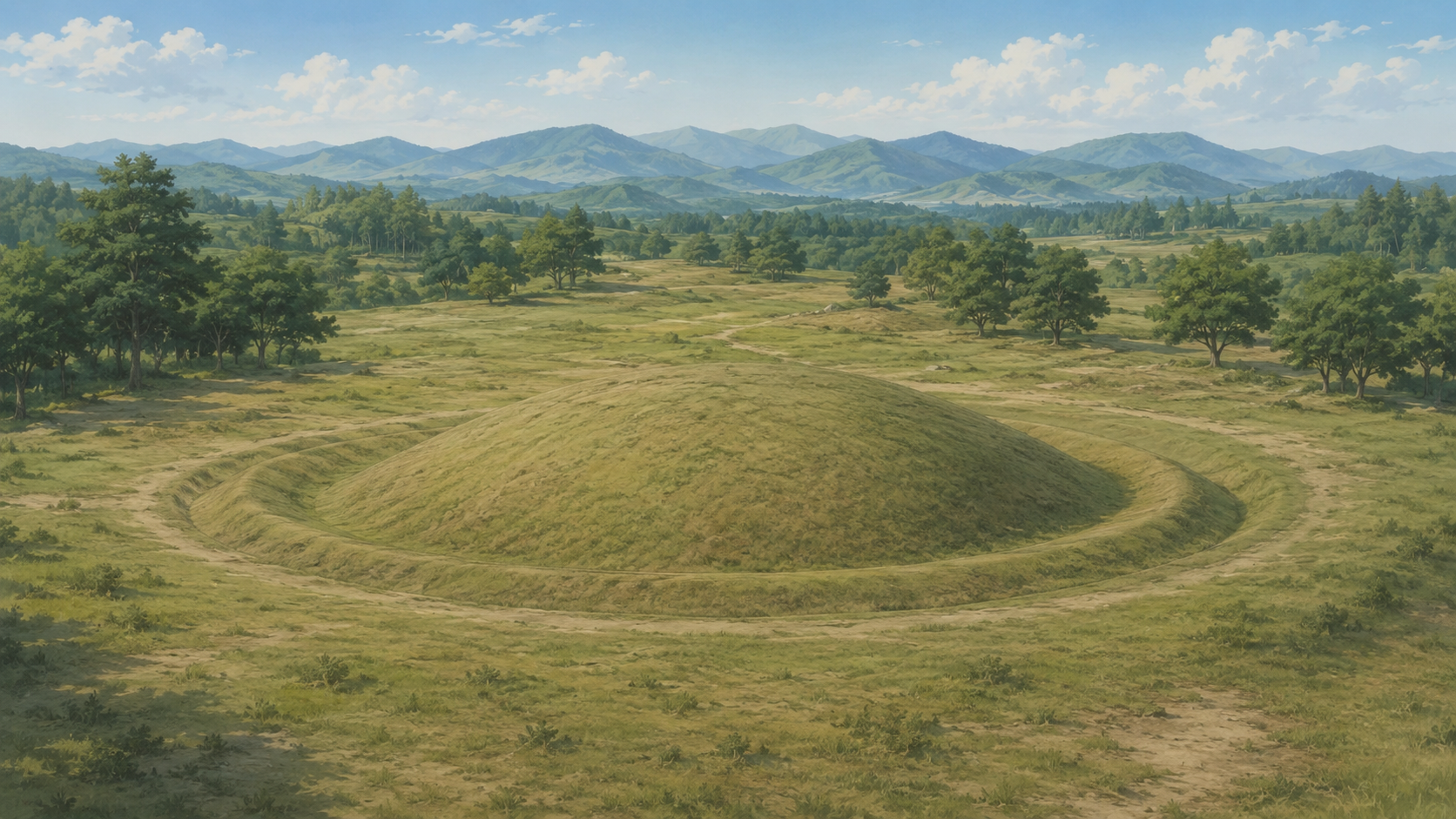 巣山古墳と周濠・出島状遺構の復元俯瞰図