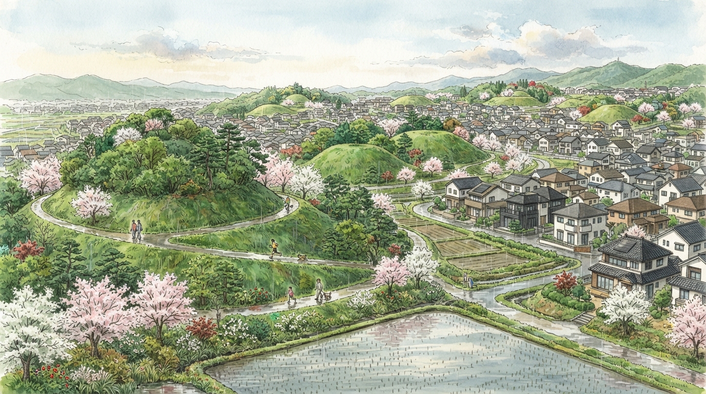 馬見丘陵公園の古墳景観と真美ケ丘の住宅地を対比する図