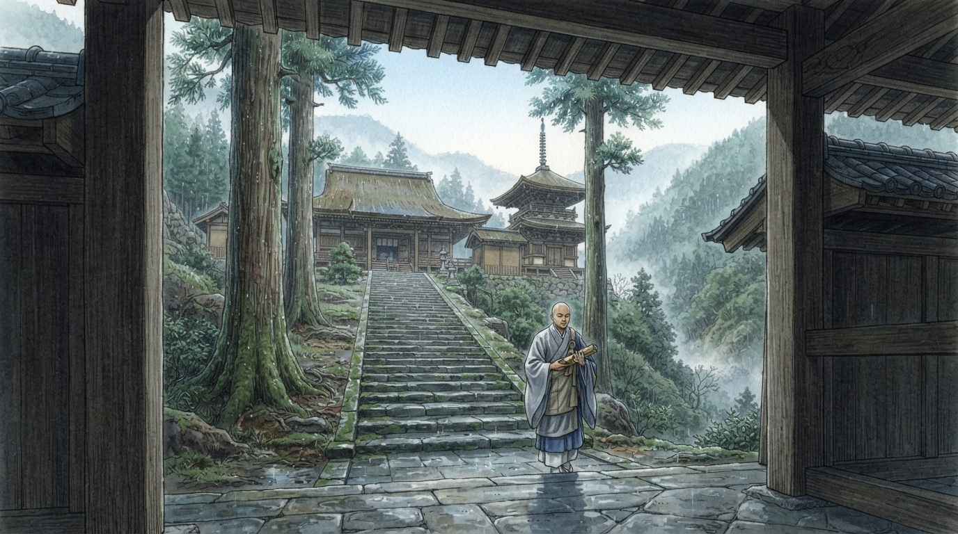 河内長野市―高野街道と寺社、ニュータウンを結ぶ町の「観心寺と山岳寺院―谷を文化拠点にする」を表す歴史イメージ