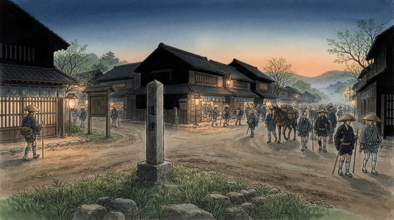 河内長野市―高野街道と寺社、ニュータウンを結ぶ町の「高野街道と宿場―参詣者を迎える」を表す歴史イメージ