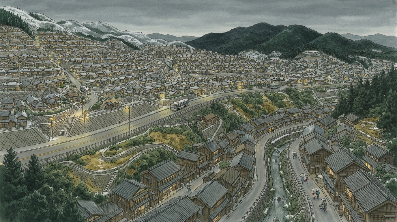 河内長野市―高野街道と寺社、ニュータウンを結ぶ町の「ニュータウン―街道都市が住宅都市へ」を表す歴史イメージ