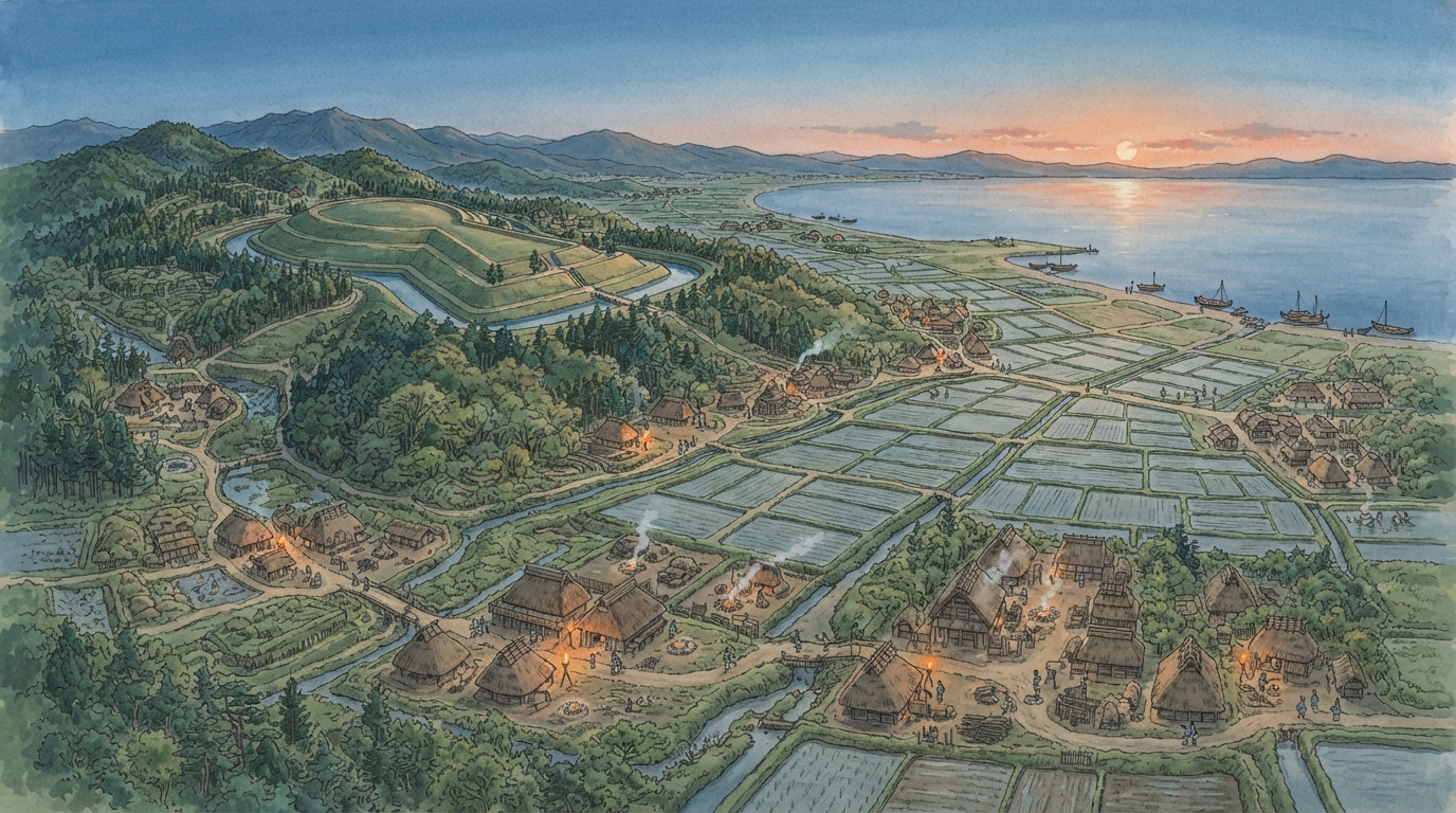岸和田市―城下町から綿織物、だんじりの町への「摩湯山古墳―泉州の古代景観」を表す歴史イメージ