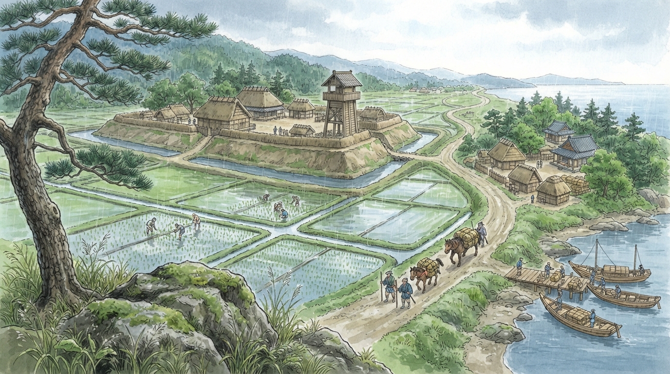 岸和田市―城下町から綿織物、だんじりの町への「荘園と城の始まり―地域拠点が固まる」を表す歴史イメージ