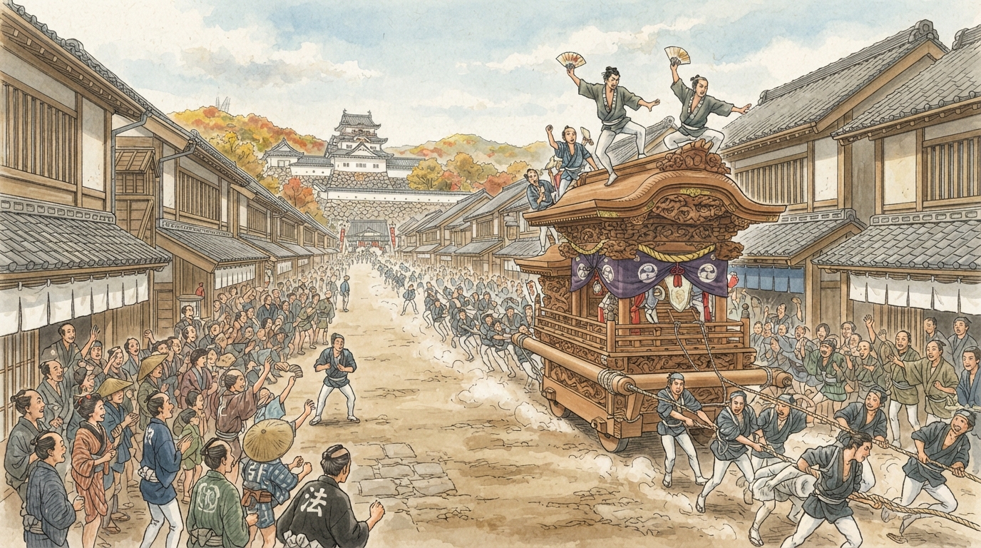 岸和田市―城下町から綿織物、だんじりの町への「岸和田城下と祭礼―道が舞台になる」を表す歴史イメージ