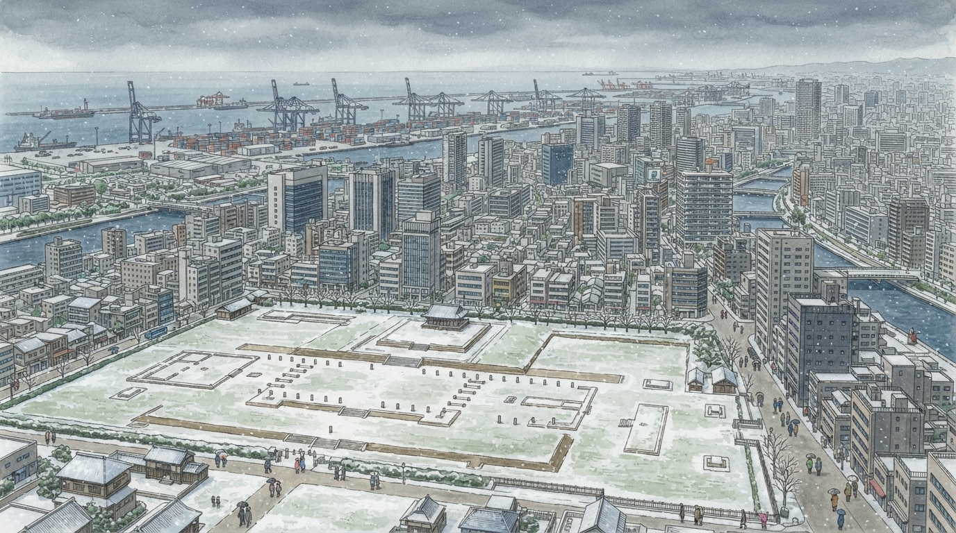 大阪市―難波宮から「水の都」と地下鉄都市への「戦災復興と湾岸再編―流れを作り直す」を表す歴史イメージ