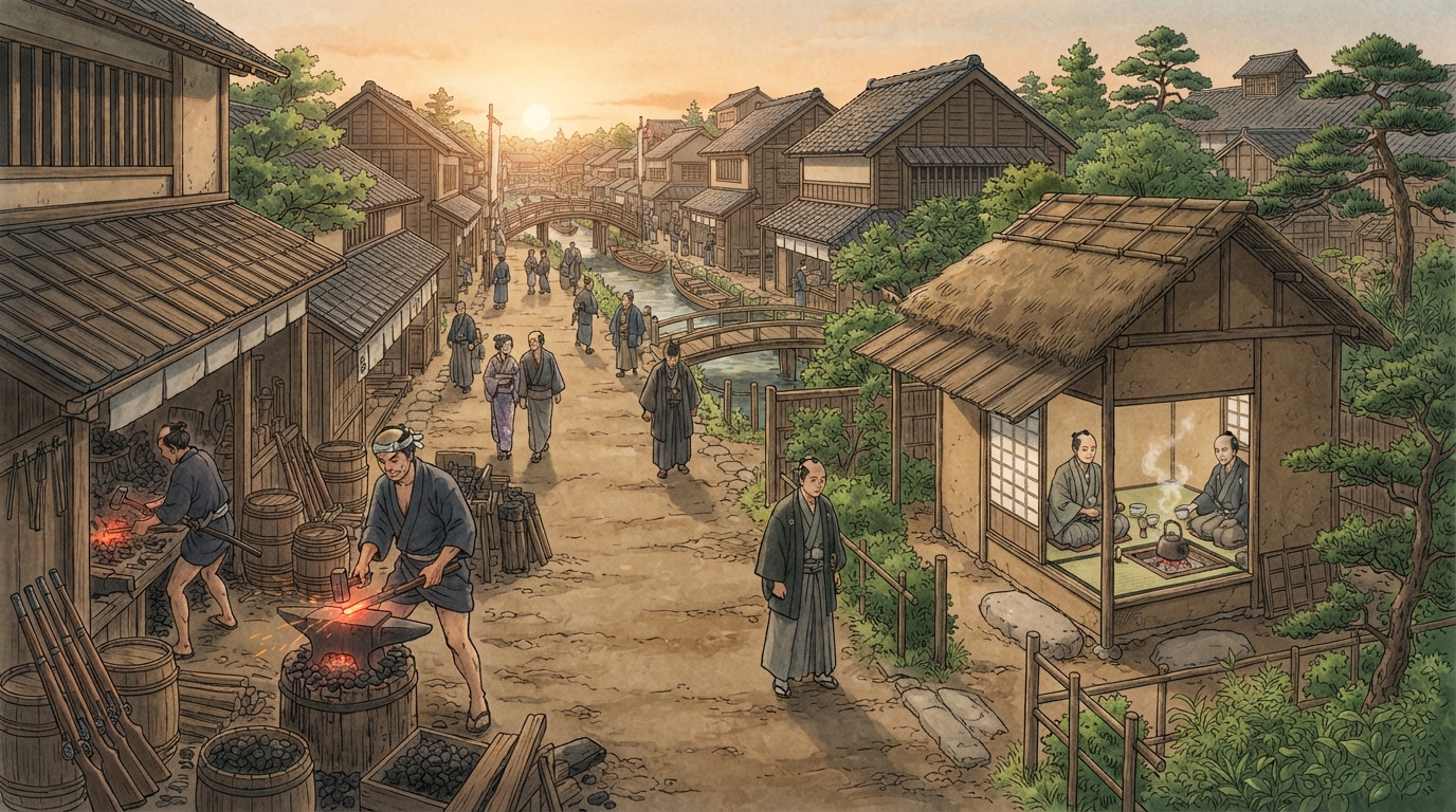堺市―巨大古墳から環濠都市、刃物と臨海工業への「鉄砲と茶―世界の商品と文化が交わる」を表す歴史イメージ