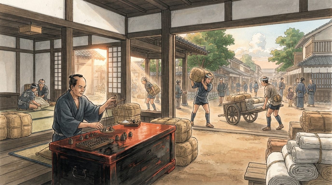 富田林市―古代寺院から寺内町、鉄道郊外への「在郷町―米と木綿を集める」を表す歴史イメージ