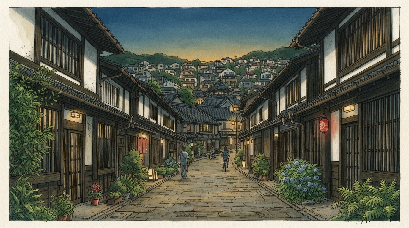 富田林市―古代寺院から寺内町、鉄道郊外への「保存地区と住宅都市―町割を住み継ぐ」を表す歴史イメージ