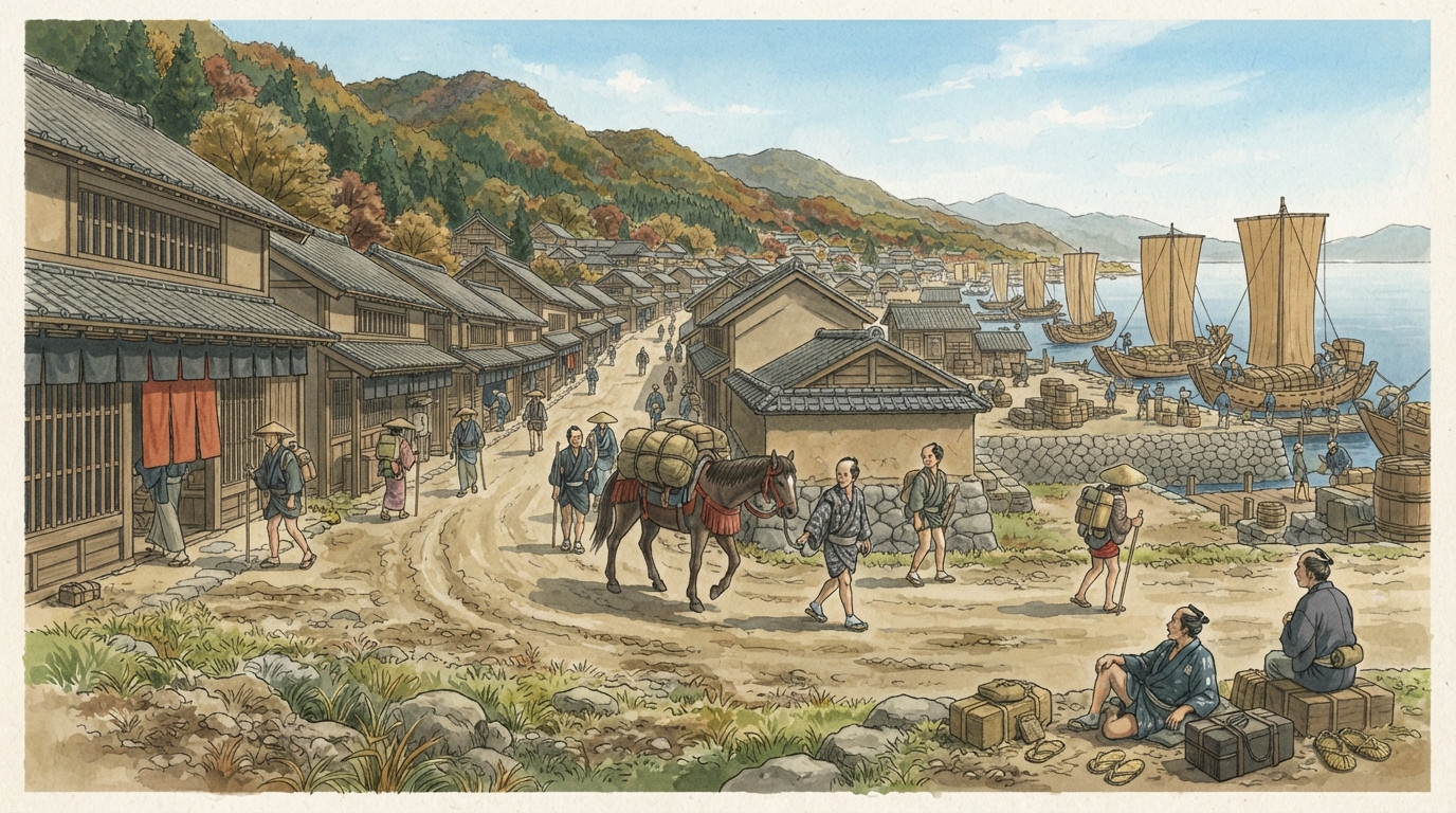 彦根市―湖東の城下町から中山道、保存都市への「中山道と湖上交通―城下を外へ開く」を表す歴史イメージ