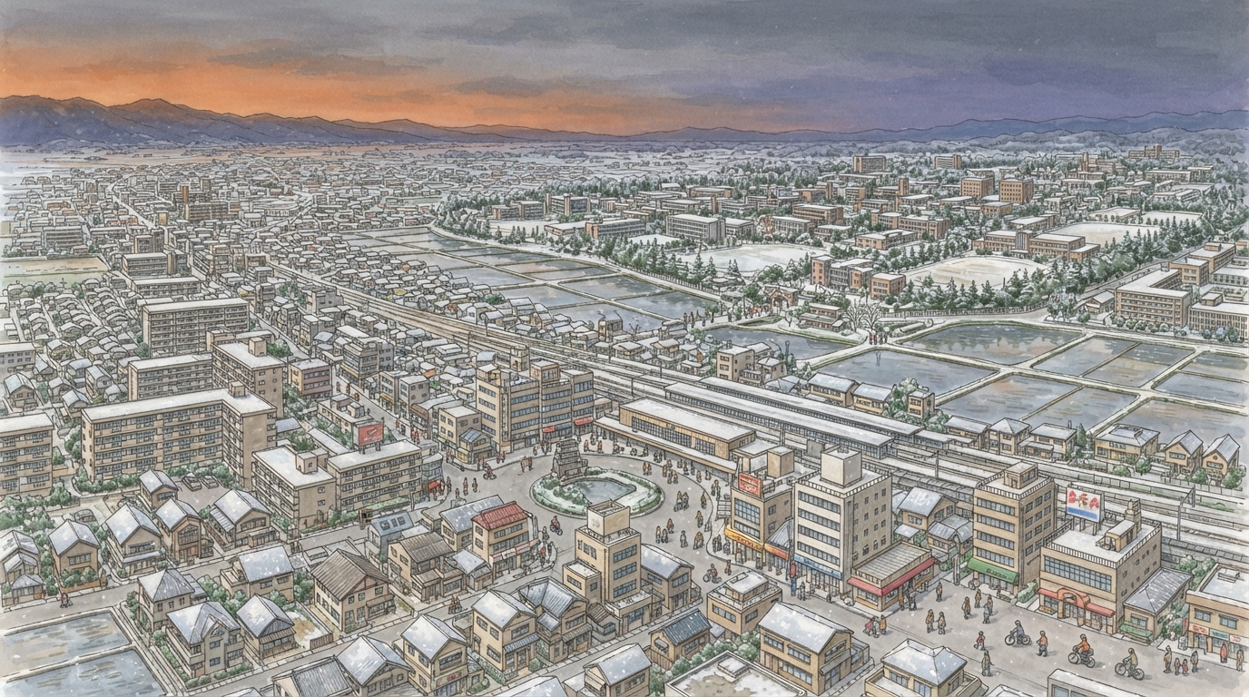 草津市―東海道と中山道の追分から鉄道都市への「大学と住宅地―通過点から生活拠点へ」を表す歴史イメージ