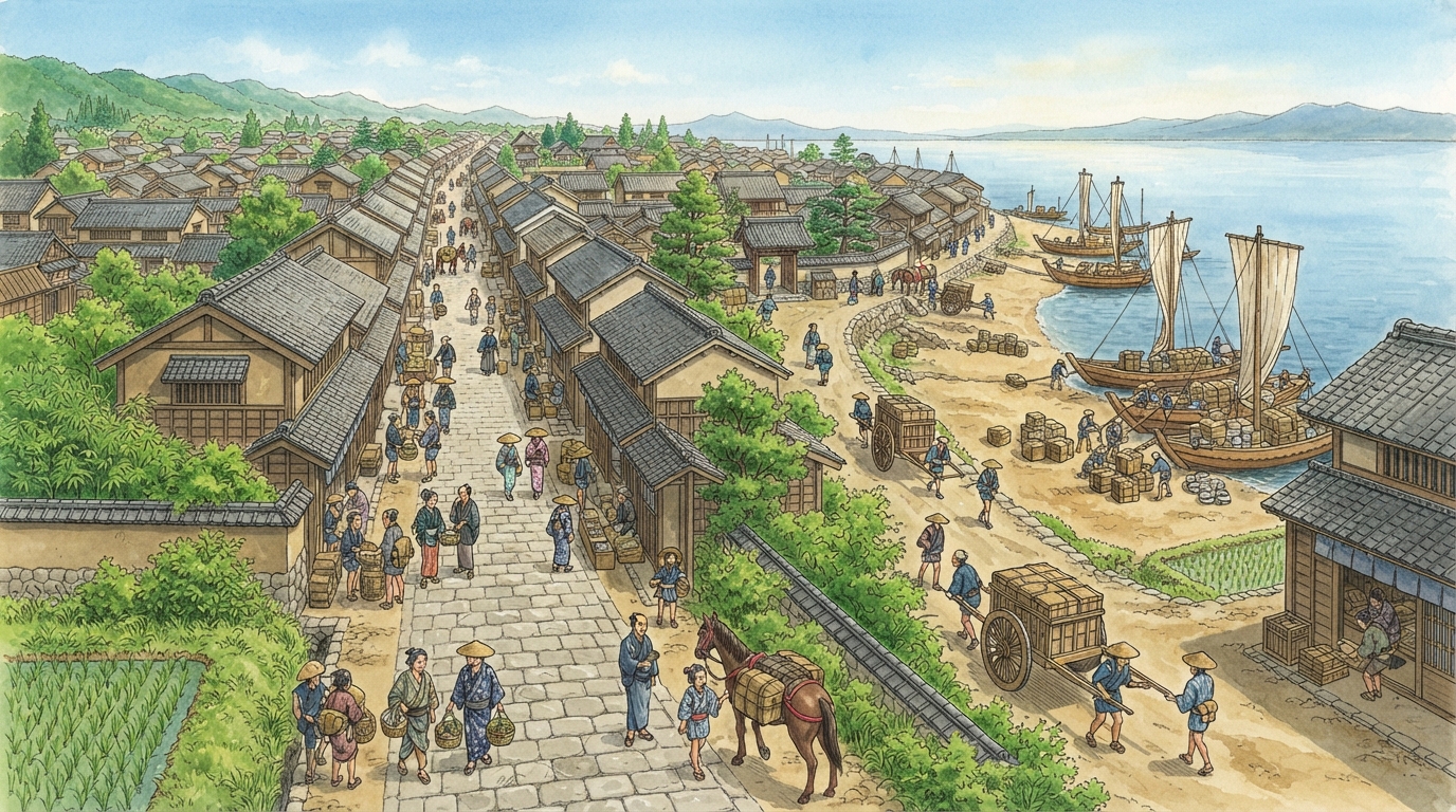 長浜市―秀吉の城下から北国街道、黒壁の町への「北国街道と浜―商いの町」を表す歴史イメージ