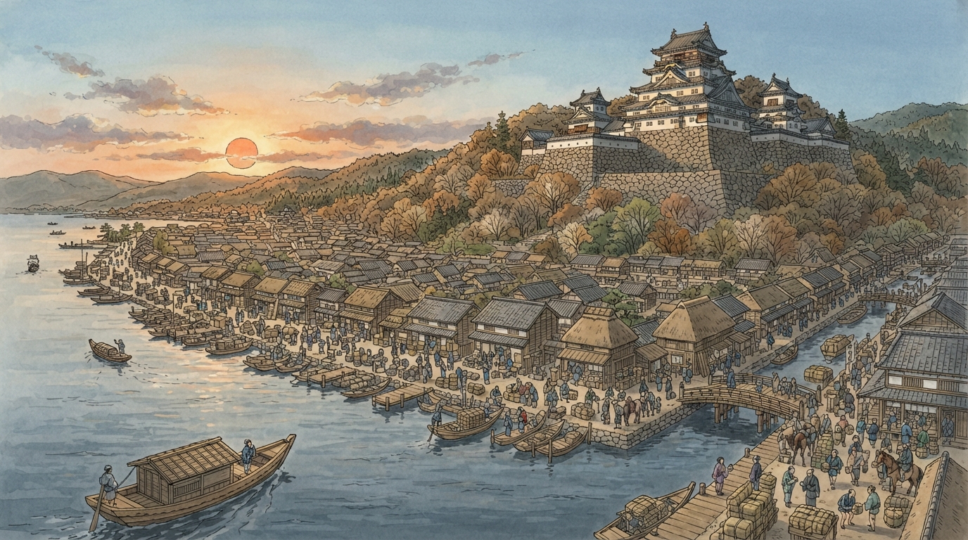 近江八幡市―安土・八幡の城下から近江商人の町への「安土城―城と市場を組み替える」を表す歴史イメージ