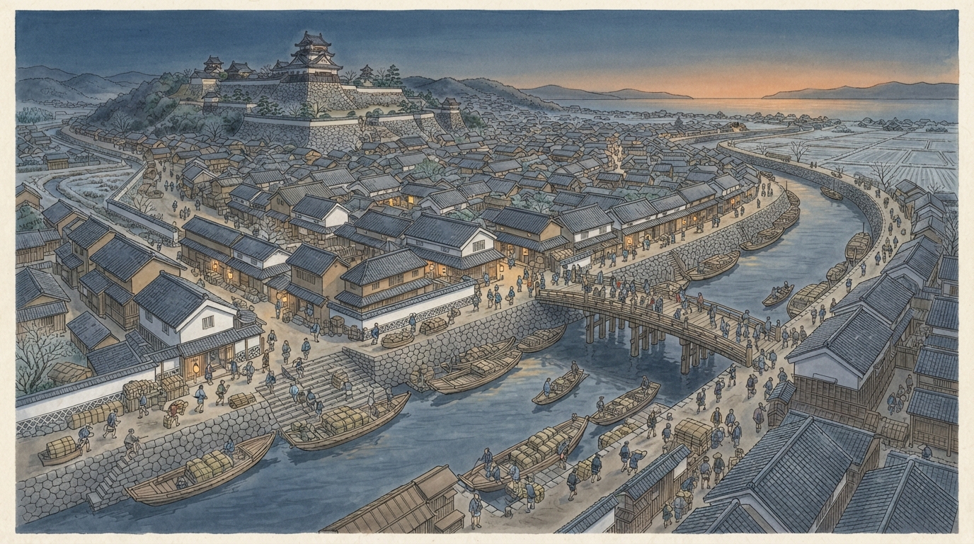 近江八幡市―安土・八幡の城下から近江商人の町への「八幡山城と八幡堀―城下を湖へつなぐ」を表す歴史イメージ