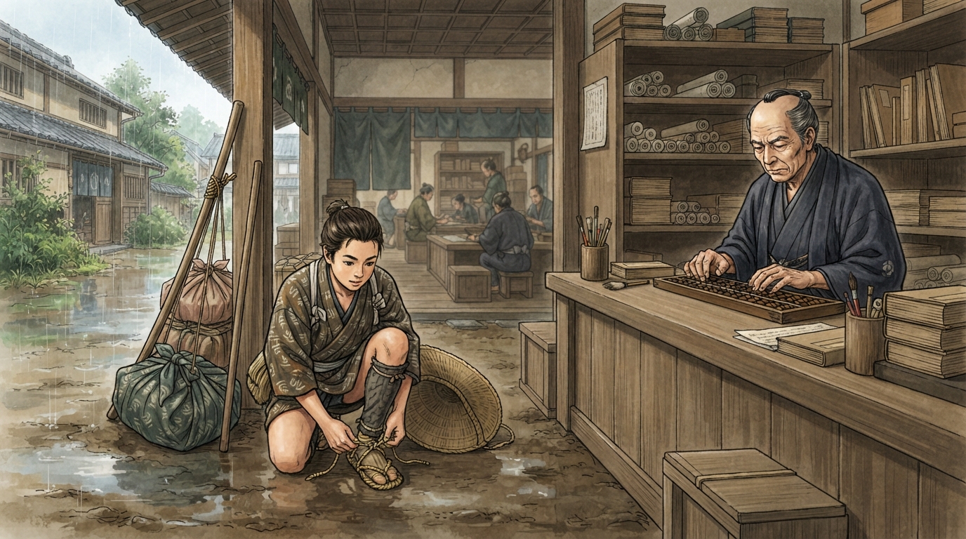 近江八幡市―安土・八幡の城下から近江商人の町への「八幡商人―店を全国へ広げる」を表す歴史イメージ