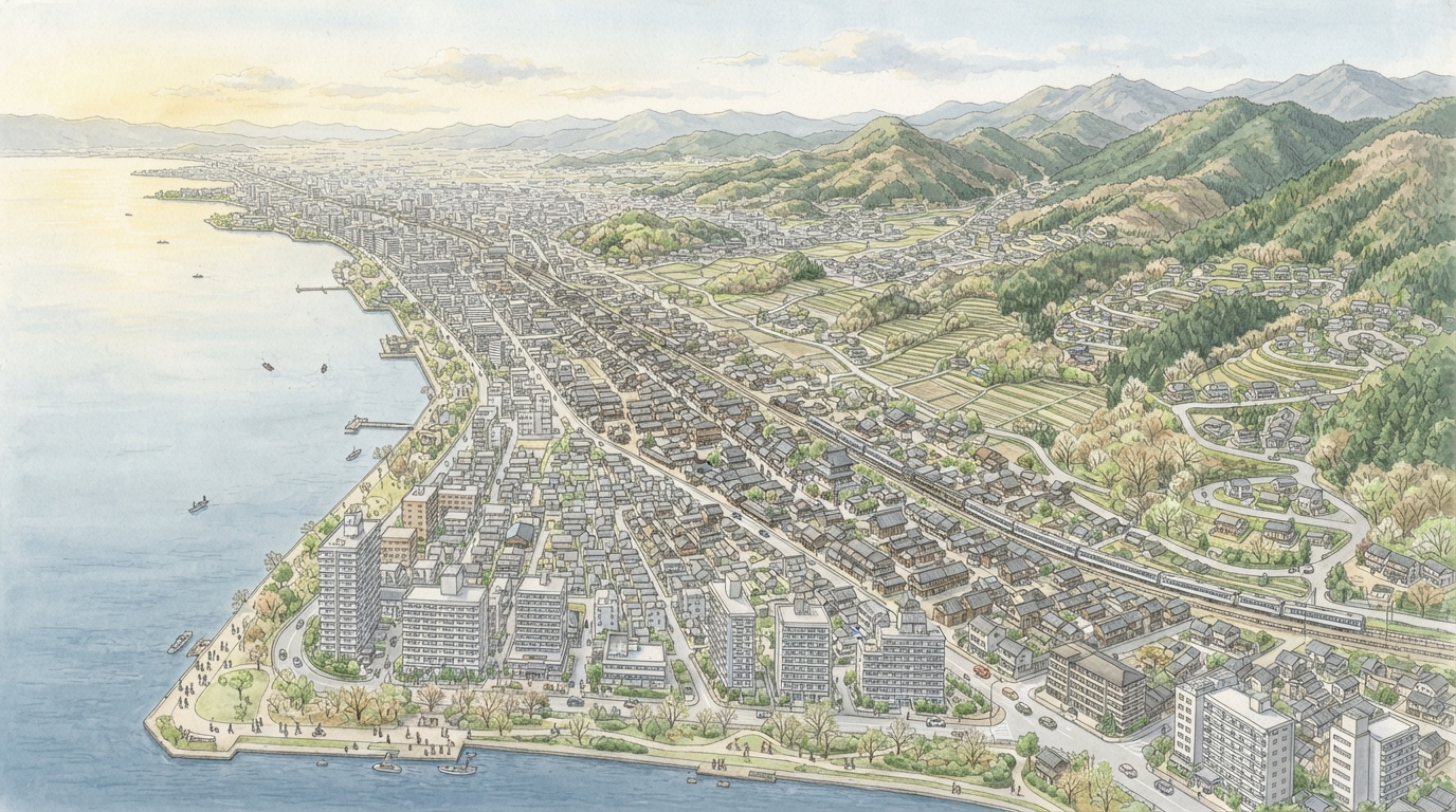 大津市―大津宮から宿場、琵琶湖疏水の県都への「細長い県都―合併で多様な地域を結ぶ」を表す歴史イメージ